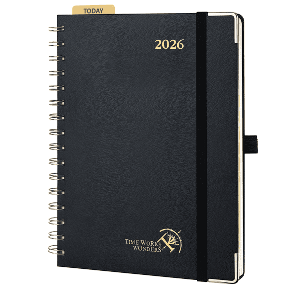 POPRUN 2026 Planner, Jan 2026 - Dec 2026, Medium Size 6.25" x 8.5", Daily Weekly and Monthly Appointment Book with Hourly Schedule, Monthly Tabs, Wire-Bound Hard Cover - Black