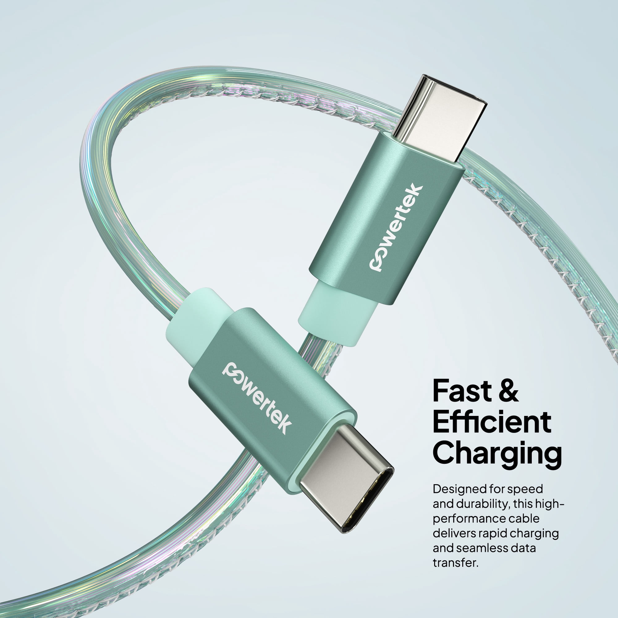 Powertek USB-C to USB-C (Type-C) Metallic Shine Pastel Fast Charging Cable, 60W, 6 ft, Mint
