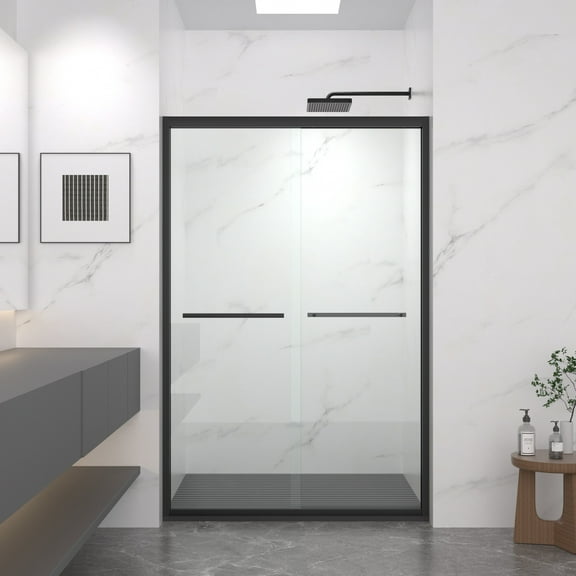 Shower Door 44-48"x72" Aluminum Frame Double Sliding Shower Door,Bypass Bathroom Sliding Door with Premium 5/16" (8mm) Clear Tempered Glass, Black Hardware Sliding Glass Shower Enclosure,Matte Black