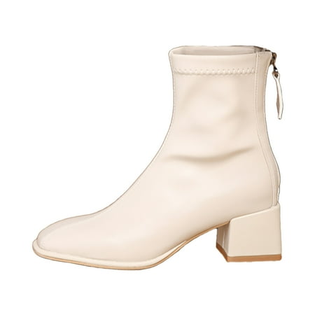 

Fsqjgq Heel Platform Boots for Women Fashion Women Artificial Leather Solid Color Autumn Thick Sole Square Heels Zipper Short Booties Square Toe Shoes Fuzzy Boots White 39