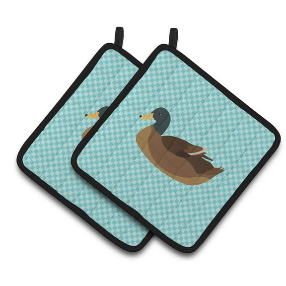 Caroline's Treasures Khaki Campbell Duck Blue Check Pair of Pot Holders