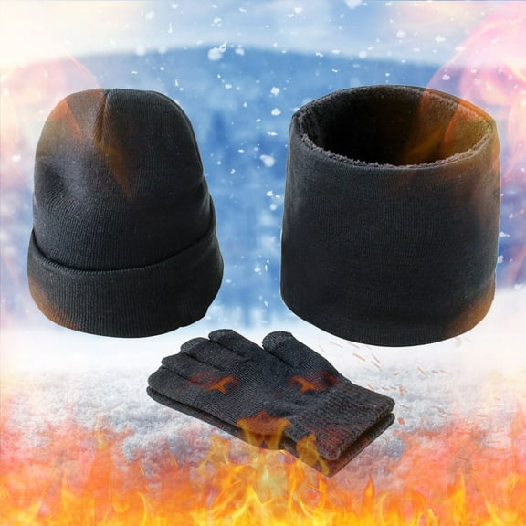 Dyfzdhu Women&Men Fall Winter Warm Wool Hat Scarf Gloves Slouchy Three Pieces Winter Snow Knit Cap Screen Mittens Scarves Sets Black