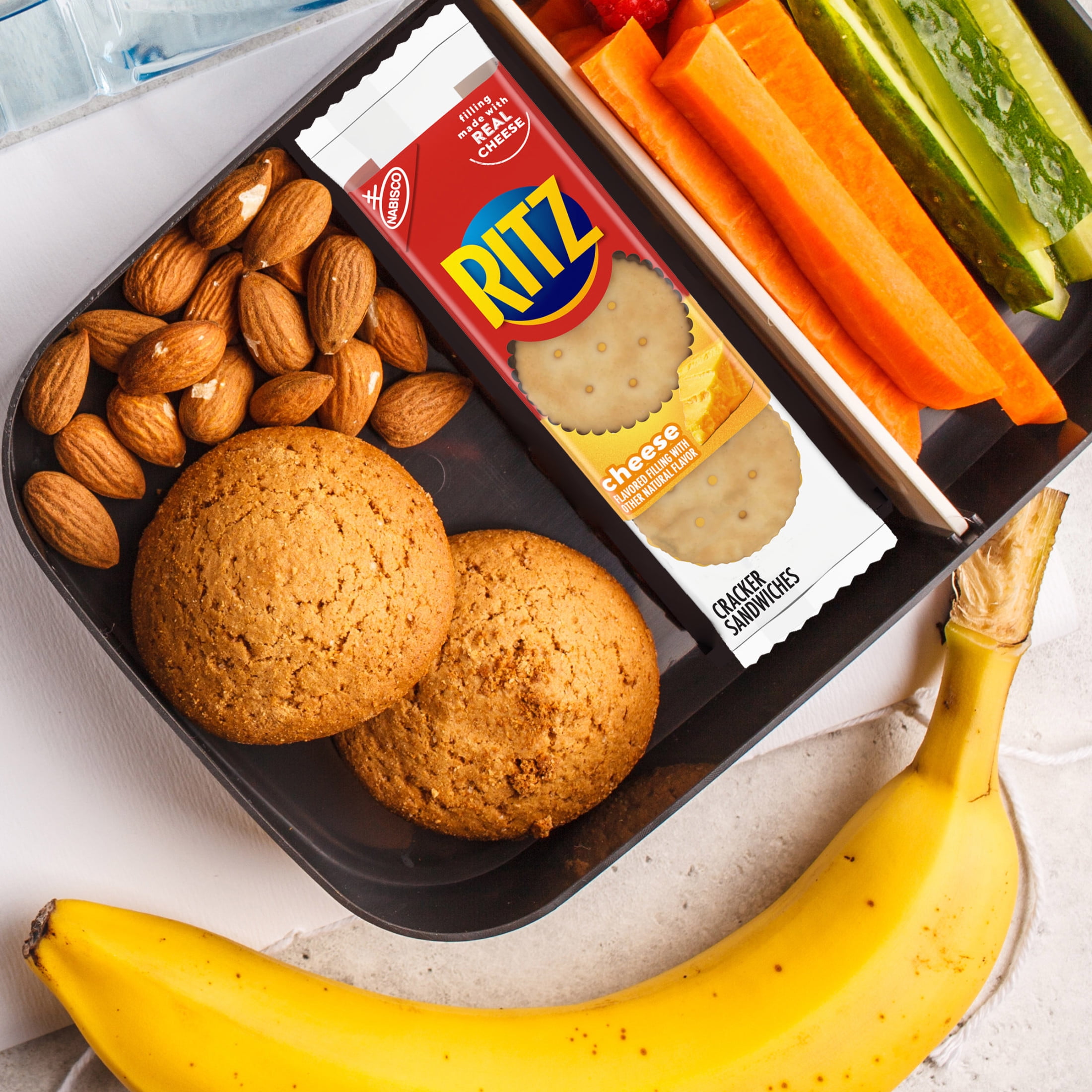 RITZ Cheese Sandwich Crackers, Lunch Snacks,(6 Crackers Per Pack), 8 Snack Packs,  With Olive Green Bowl By ValueNest