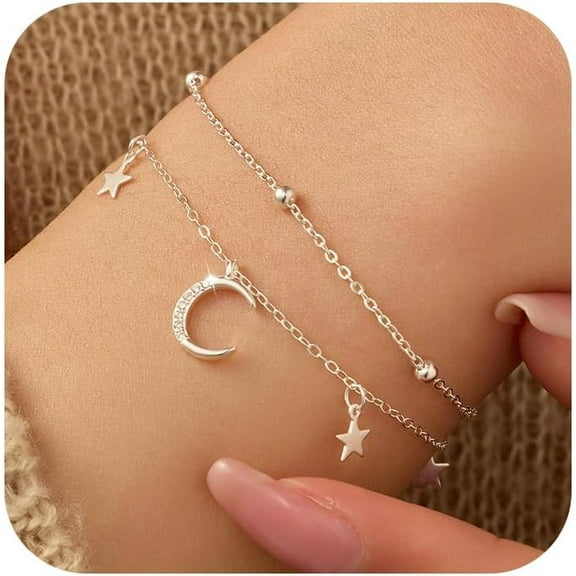 925 Sterling Silver Dainty Moon Star Link Bracelet for Women Sparkling Cubic Zirconia Layer Charm Bracelet Hypoallergenic Adjustable Chain Trendy Personalized Jewelry for Mom Daughter Wife Gift