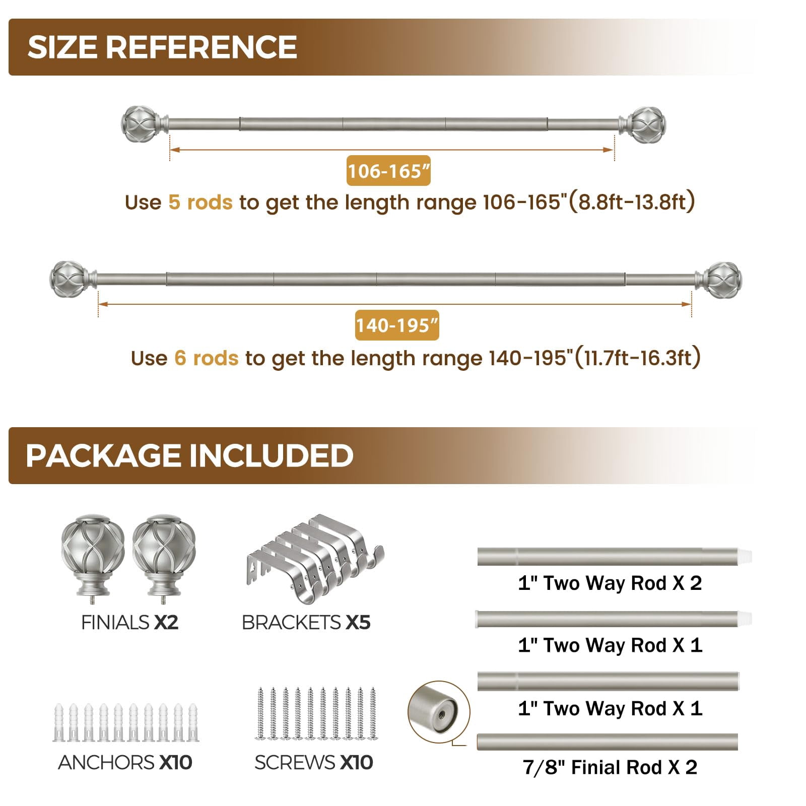1 Inch Extra Long Curtain Rod 140 To 195 Inches Heavy Duty Rods For Windows 120 170  Adjustable Drapery With Netted Texture Finials