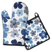 Blue Pioneer Flower Kitchen Oven Mitt and Pot Holder Sets 2 Pcs for Baking, Cooking and Grilling, Heat Resistant Up To 392 °F