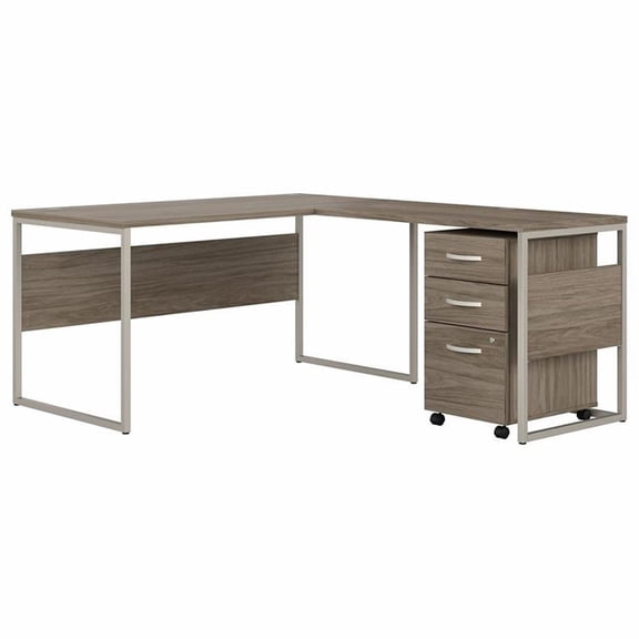 Hybrid 60W L Shaped Table Desk with Drawers in Modern Hickory - Engineered Wood