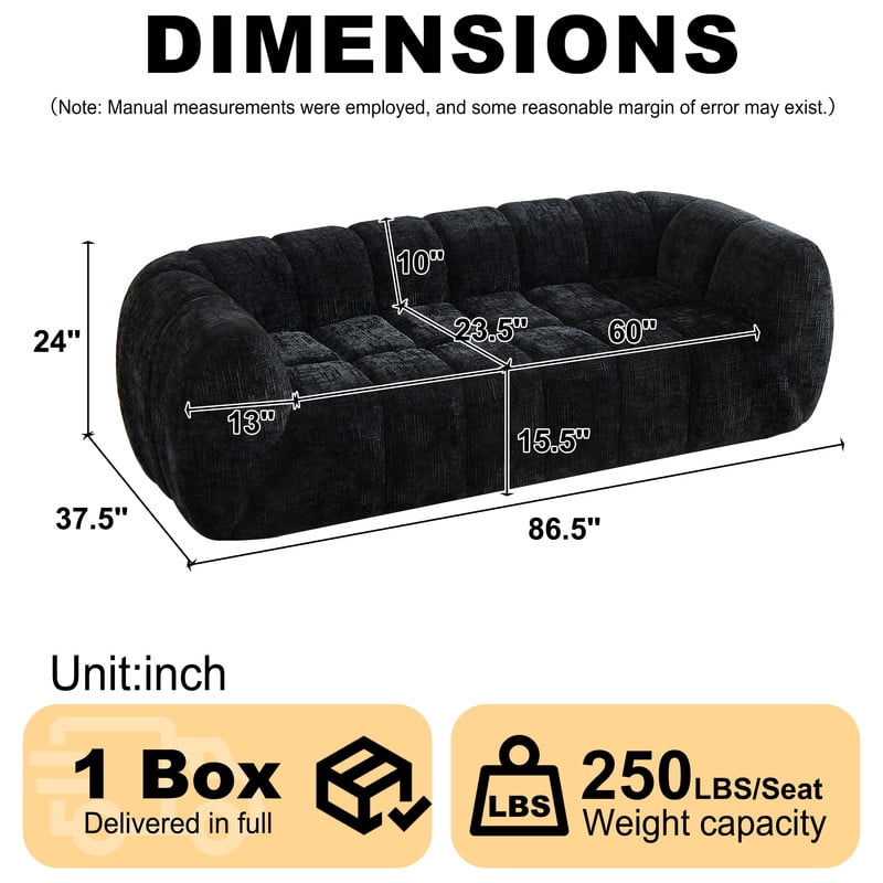 86.5''W Pure Foam Boneless No Assembly Floor Armrest Sofa, Chenille Modern Oversized Loveseat, Deep Seat 3-Seater Upholstered Couch