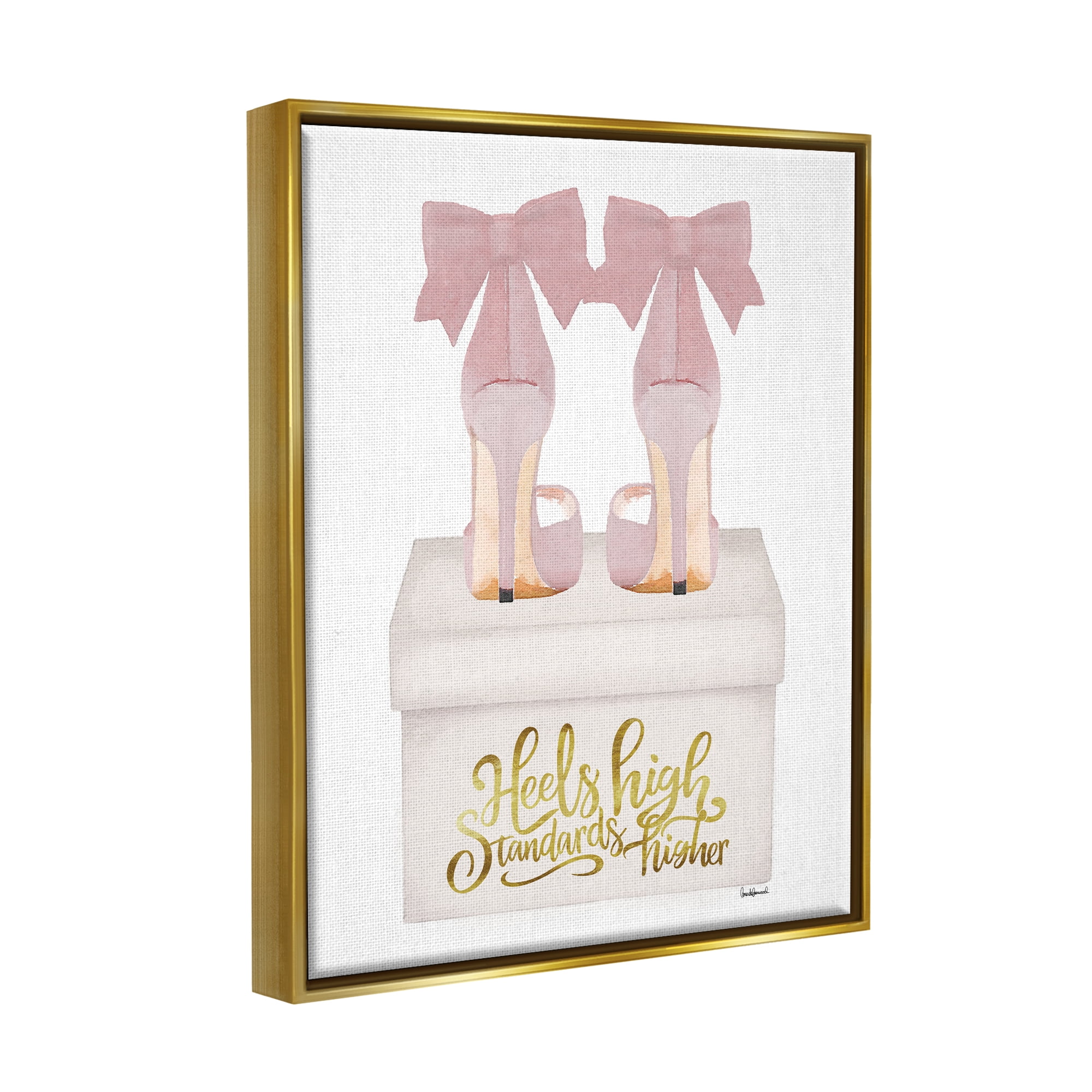 Stupell Industries Heels High Pink Phrase Beauty & Fashion Painting Gold Floater Framed Canvas Art Print Wall Art, 17 x 21
