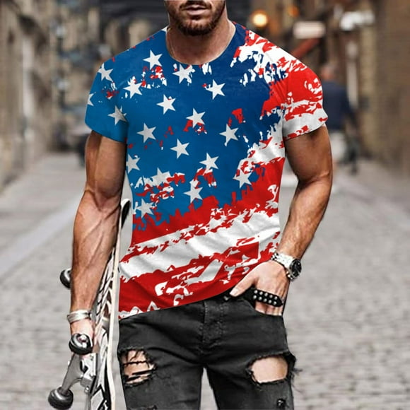 Jsaierl 4th of july Tops Men Patriotic American Flag Graphic Tees Casual Crew Neck Shirts Athletic Gym Short Sleeve T Shirt Under $10