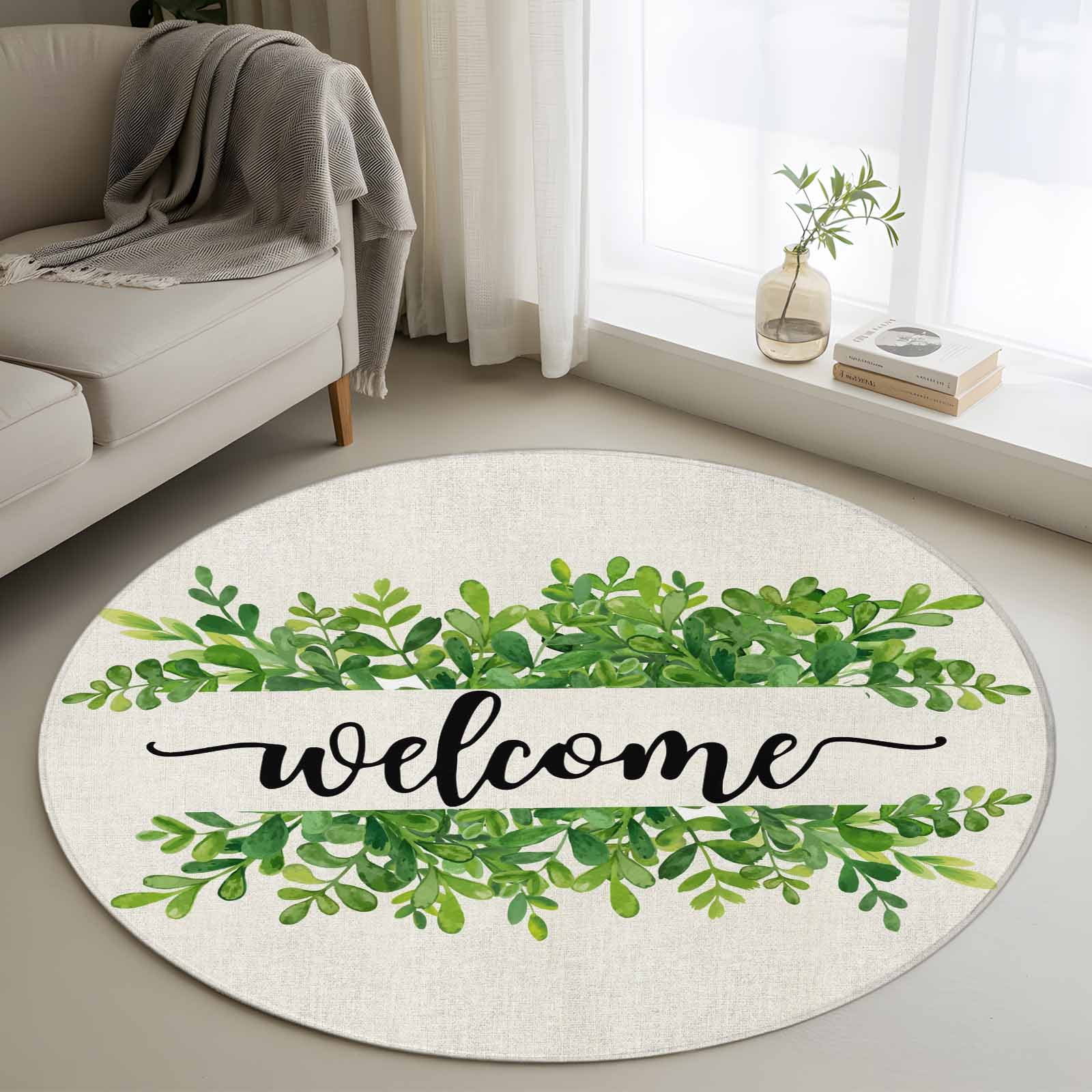 Round Area Rug 4ft Welcome Letters Eucalyptus Leaves Non-Slip Non-Shedding Floor Mat Summer Watercolor Green Plants Washable Sturdy Carpet for Living Room Bedroom Home Decor