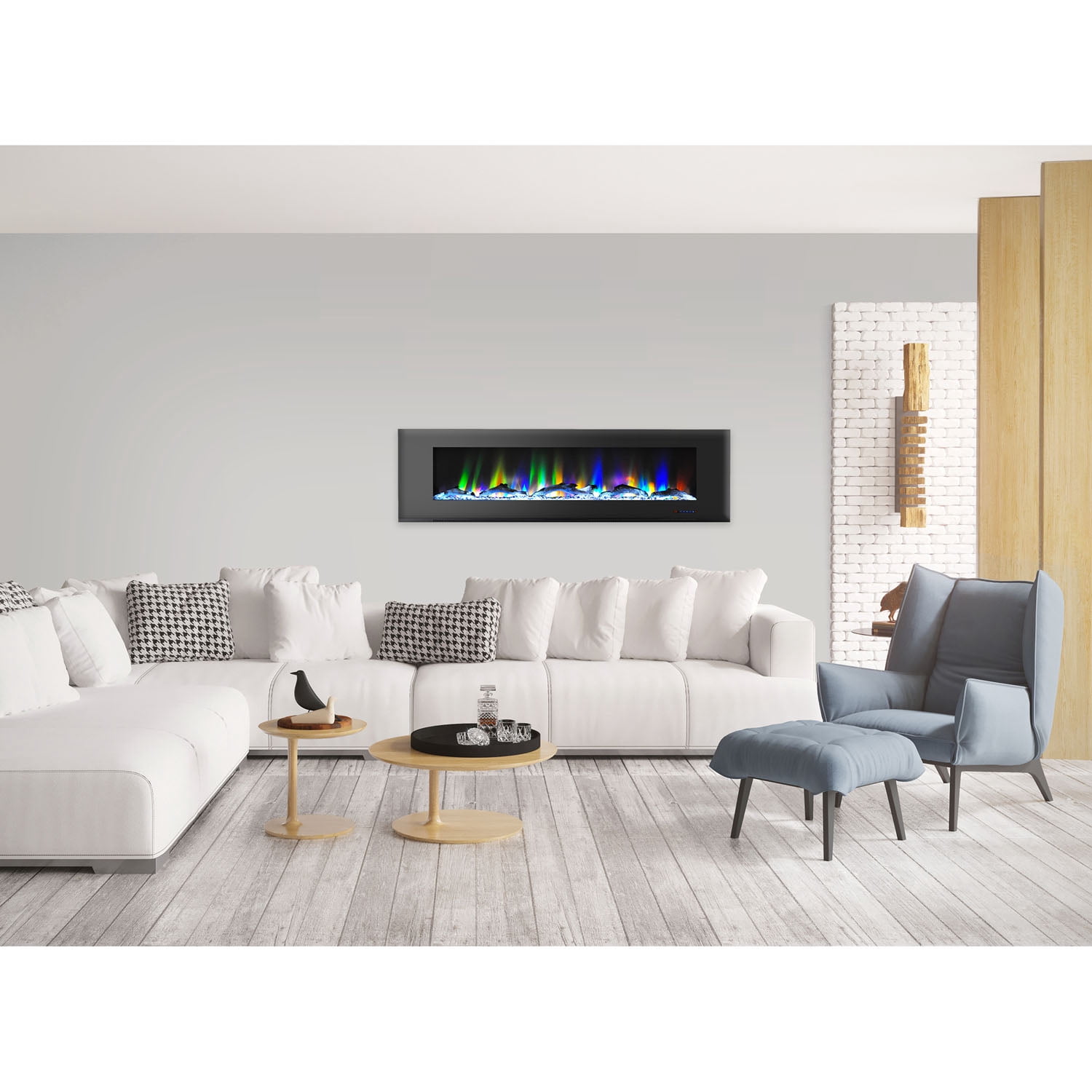 Hanover 72 In. Wall-Mount Electric Fireplace in Black with Multi-Color Flames and Driftwood Log Display