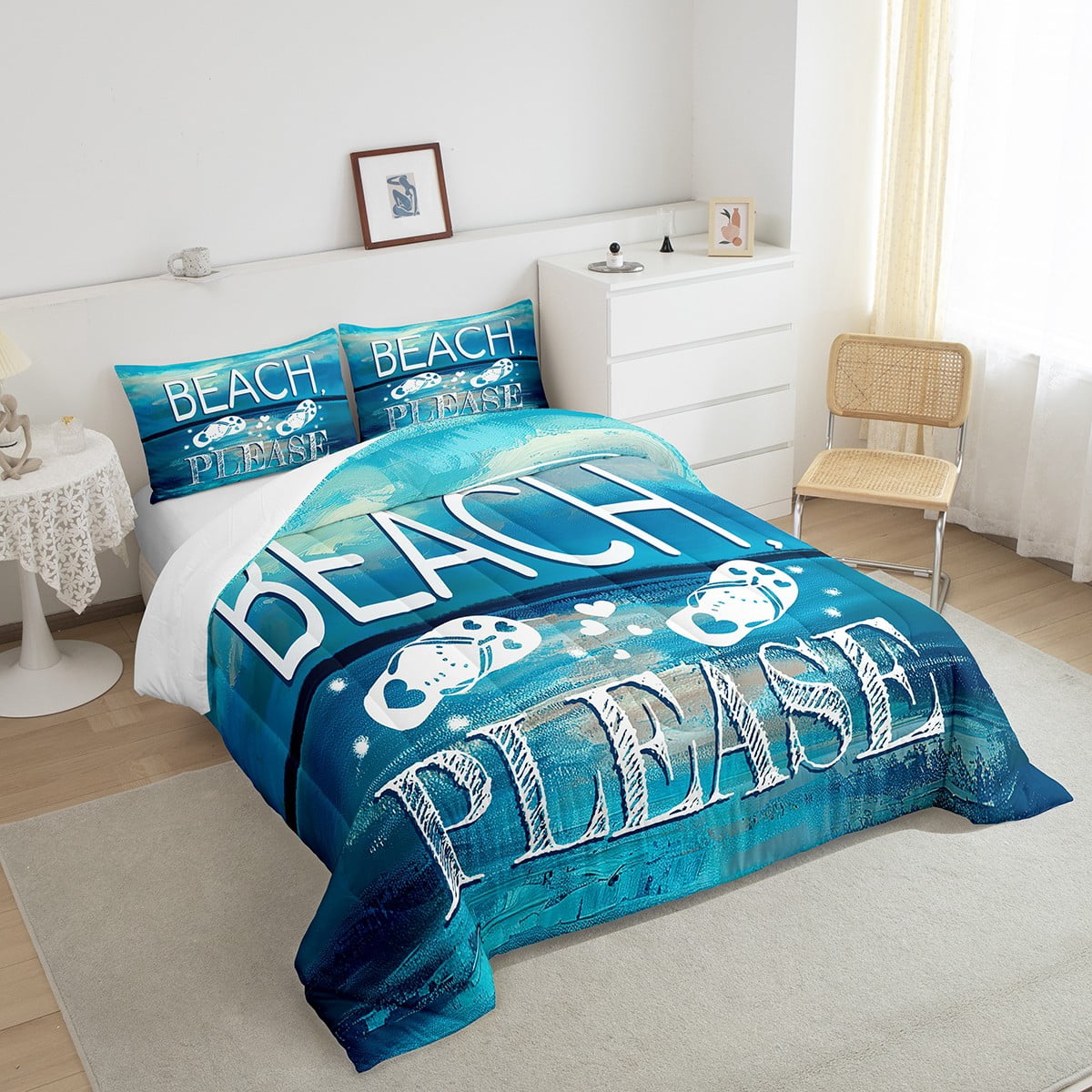 Summer Beach Comforter&nbsp;Set Hawaii Flip Flops King Bedding&nbsp;Comforter&nbsp;Sets for Girls,Sea Palm Tree Quilt Blue Ocean Duvet Insert,The Lake House Farmhouse Decor