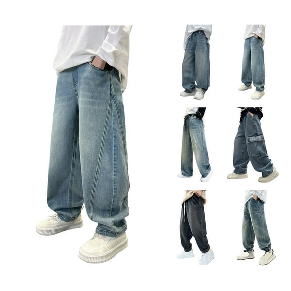 HAOTAGS Teen Boy's Jeans(5-15), Casual Stright Leg Denim Pants Stretch Waist School Pants Blue 9 Years