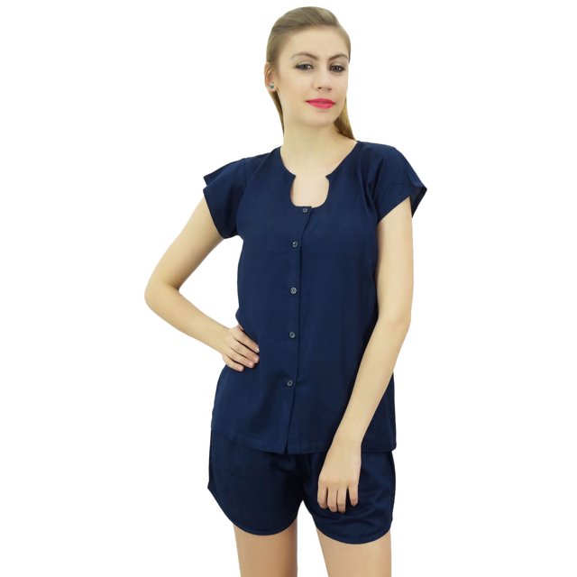 Bimba Ensemble de Pyjama 2 Pcs Bleu Marine à Boutons pour Femmes Chemise & Shorts Robe de Nuit-10