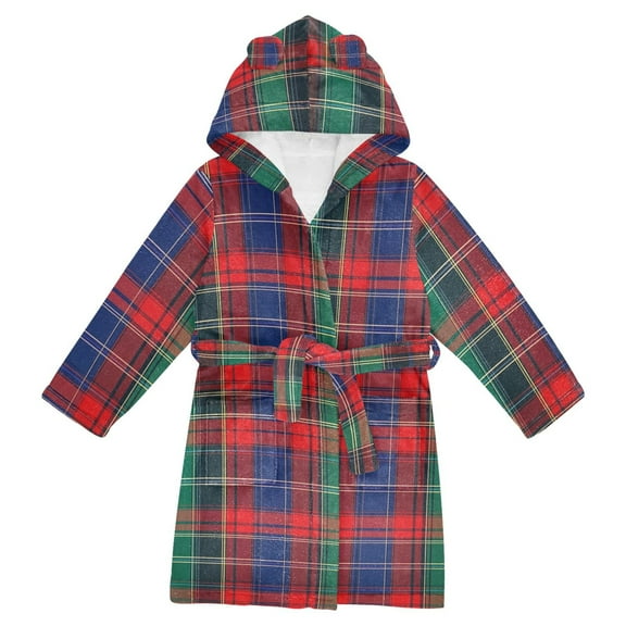 FORMRS Niños Bathrobe Unisex Hooded Robe Soft Plush Pajamas Sleepwear, Size 2-3T, Red Green Pattern
