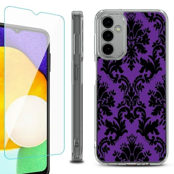Shockproof Bumper Phone Case for Samsung Galaxy A14 5G, with Tempered Glass Screen Protector, by OneToughShield ® - Victorian Purple/Black