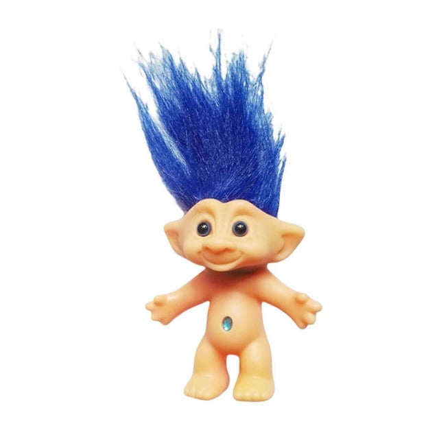 10cm troll doll model colored long hair dam doll miniature figurine ornament lovely leprocauns ugly elf doll action figure muñeco troll de 10 cm con cabello largo azul, ojos coloreados y cuerpo de vinilo; figura de pie con brazos abiertos y detalle brillante en el abdomen, apto para decoración de escritorio, auto o colección; a menudo usado como souvenir o adorno de repisa por su tamaño compacto.