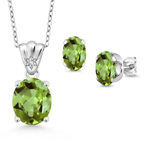 925 Sterling Silver Green Peridot and White Created Sapphire Pendant and Earrings Jewelry Set for Women (5.88 Cttw, Gemstone Birthstone, Oval 11X9MM and 8X6MM with 18 inch Silver Chain)
