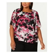 ALEX EVENINGS Womens Black Patterned Short Sleeve Jewel Neck Top Plus Size: 1X