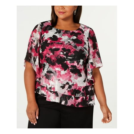 ALEX EVENINGS Womens Black Patterned Short Sleeve Jewel Neck Top Plus Size: 1X