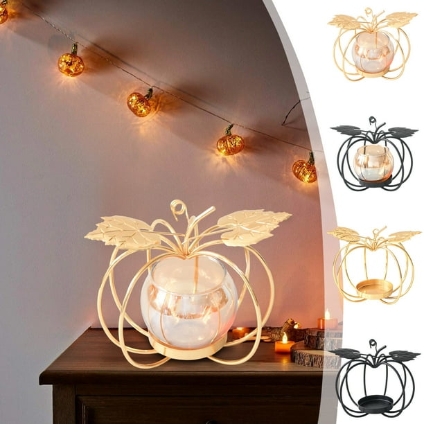 Adornos de Halloween de Metal y Hierro con Portavelas de Cristal Dorado | Candelabro Navideño con Forma de Calabaza | 12 X 12 X 11 Cm | 160 G | Decoración de Escritorio