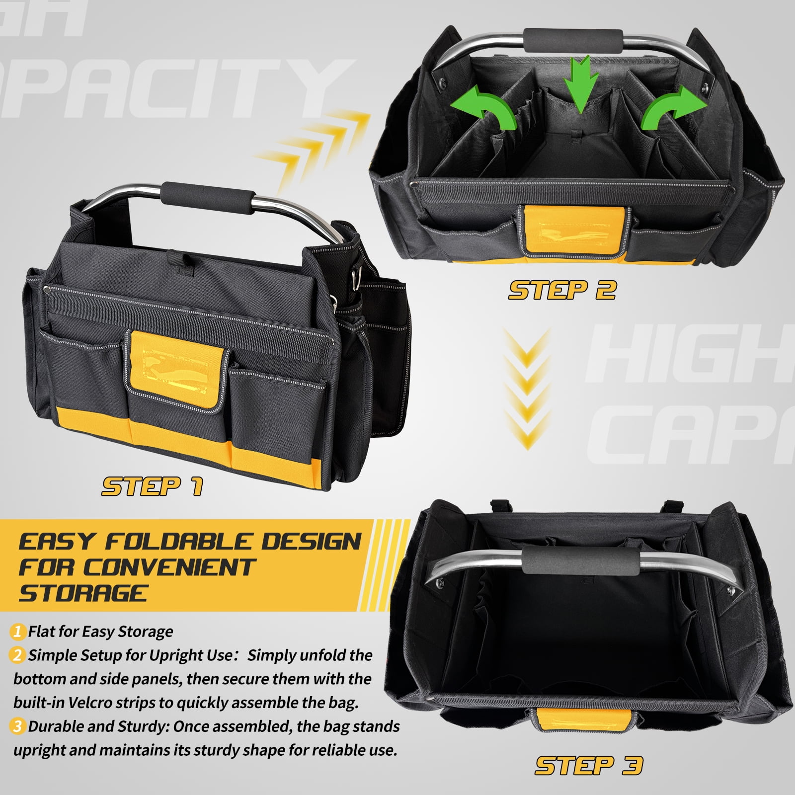 18" Heavy Duty Tool Bag, Open Top Tool Tote for Electricians, 30 Pockets, 1680D Oxford Fabric, Foldable with Rotating Handle, Reflective Tool Bag, Yellow