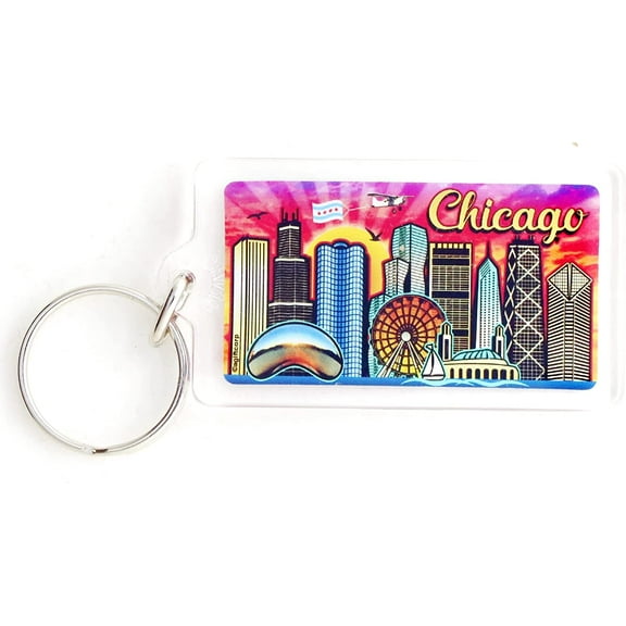 Chicago Illinois Skyline Acrylic Rectangular Souvenir Keychain 2.25" X 1.25"