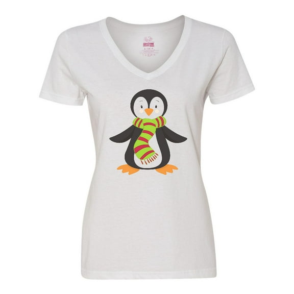 Inktastic Cute Penguin, Penguin With Striped Scarf Women's V-Neck T-Shirt