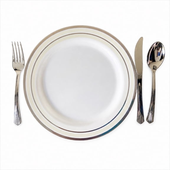 Silver and White Plastic Plate and Cutlery Set, 60 Pieces, Serves 12, 10.25 in and 7.5 in Plates, by Way To Celebrate