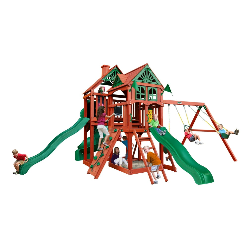 Gorilla Playsets Five Star II Deluxe Wooden Swing Set with 3 Slides