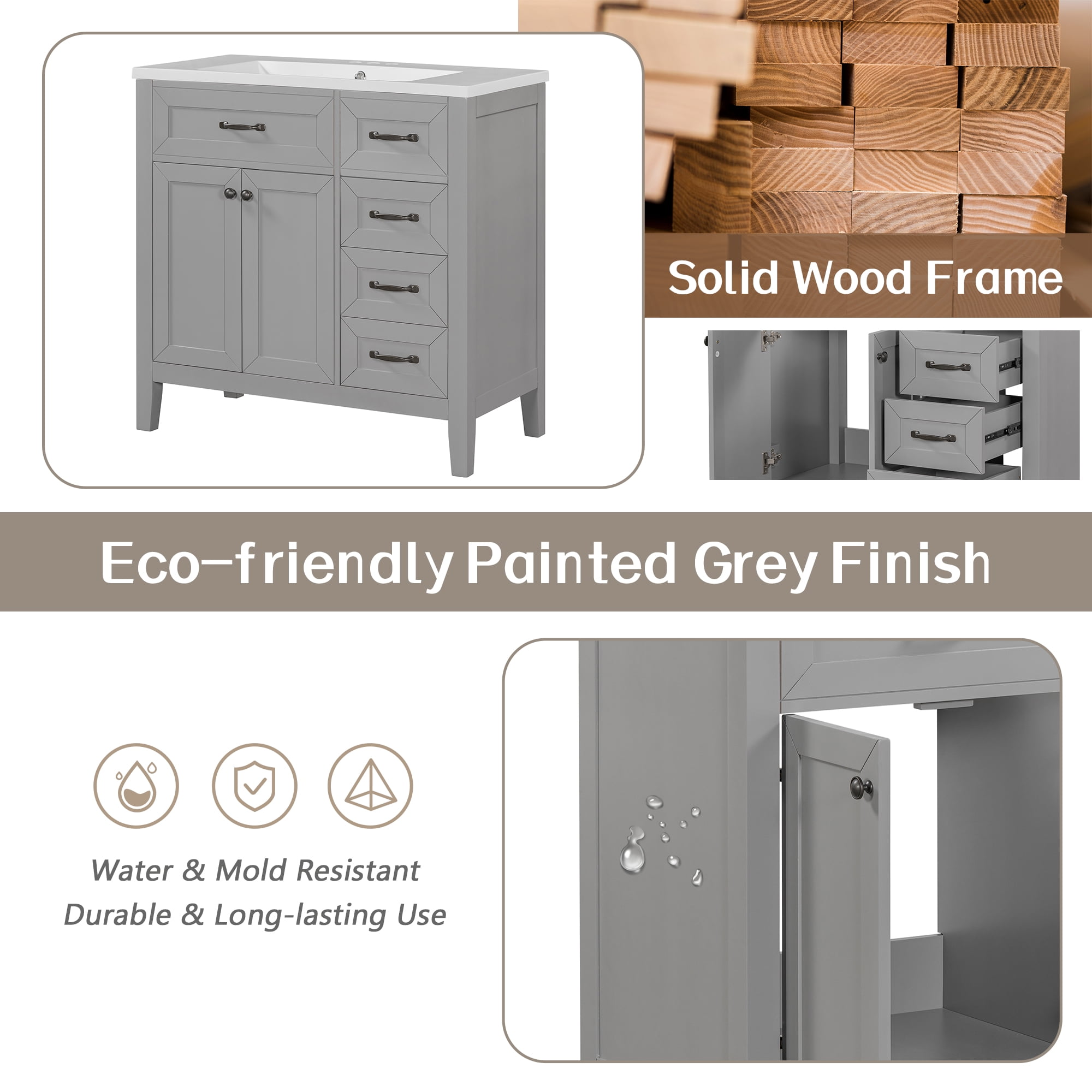 Euroco 36" Freestanding Bathroom Vanity with Ceramic Sink, Storage Cabinet & Drawers, Solid Wood and MDF Construction – Black with Silver Handles