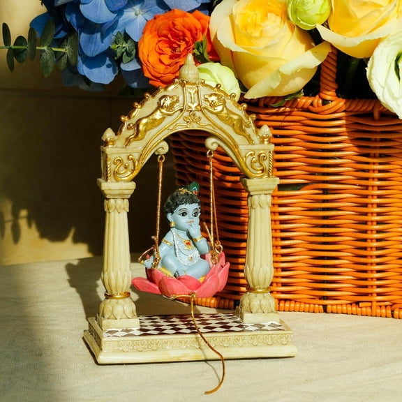 alikiki Baby Krishna on Swing - 6.7" H Hindu God Lord Krishna Idol Statue Mini India Murti Item Home Office Temple Mandir Shrine Altar Pooja Decor Diwali Puja Gifts for Indian Friends Relative