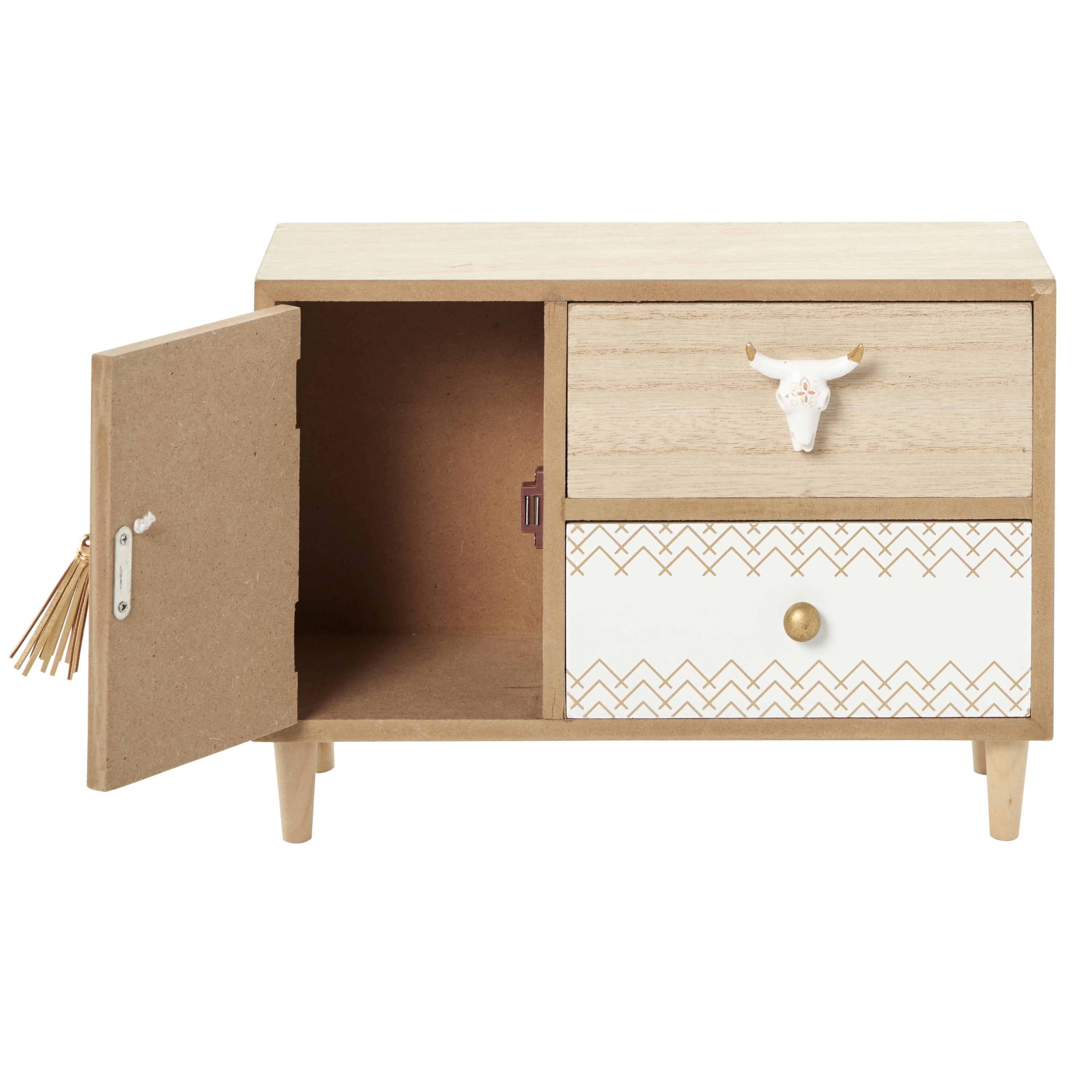 DecMode Floral 3 Drawers Light Brown Wooden Decorative Jewelry Box with Bull Head Knob
