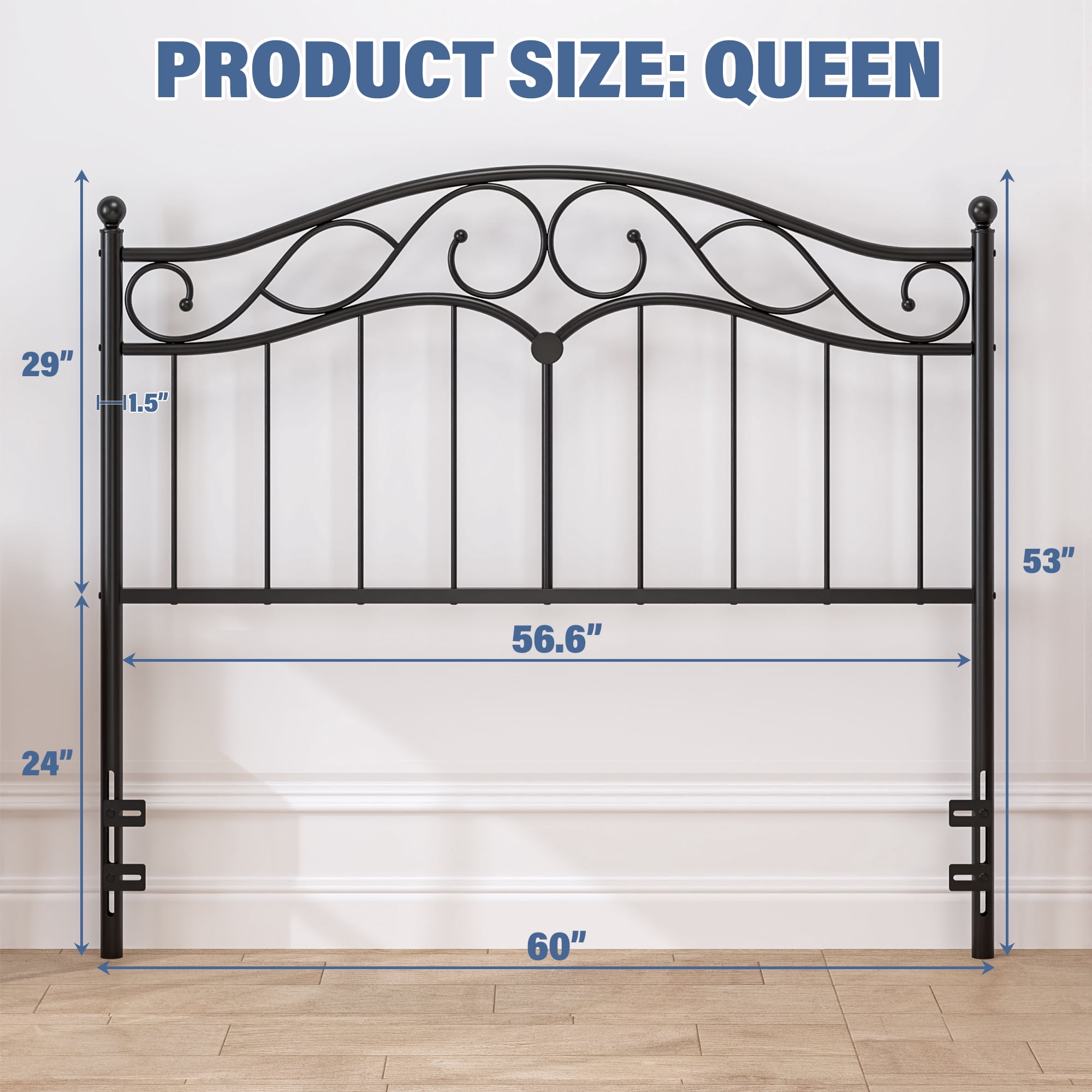 Yoneston Retro Sturdy Cute Scrolled Metal Queen Size Headboard with Adjustable Height for Queen Beds, Black