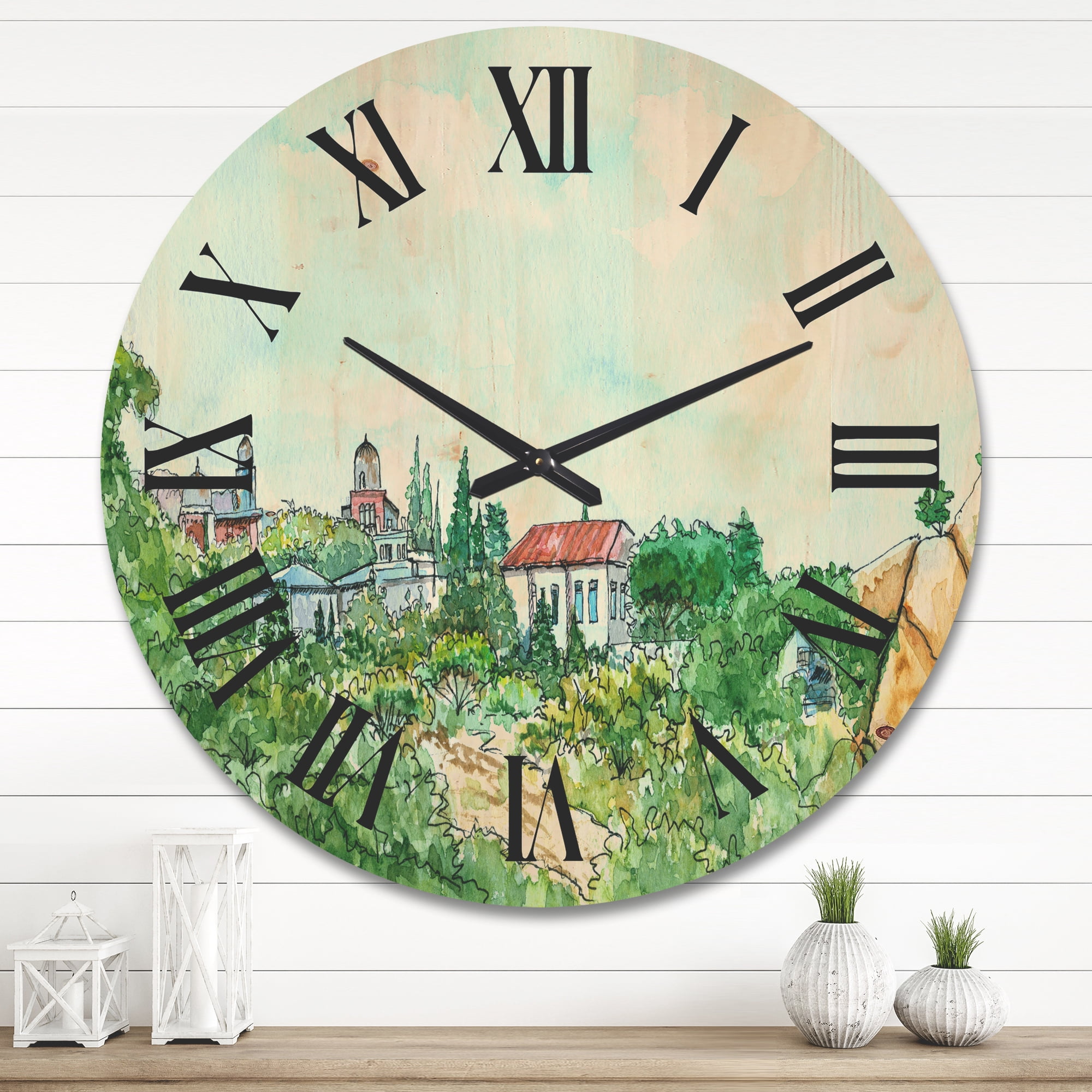 Designart 'White House With Red Roof In The Lush Green Countryside' Traditional Wood Wall Clock