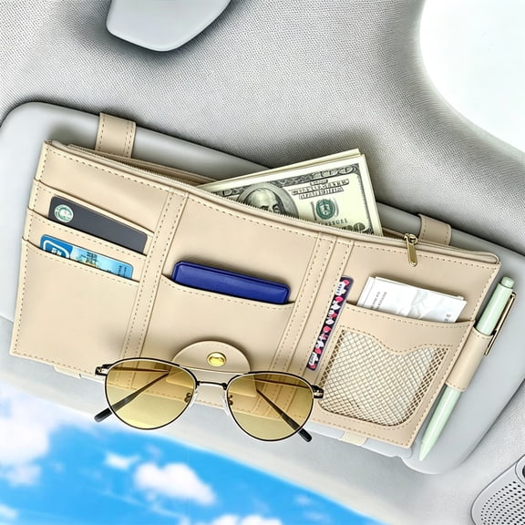 Beige Leather Car Sun Visor Storage Organizer, Multi-Pocket Zipper Mesh Pouch with Sunglass Slot, Universal Interior Storage Accessory for Cars and Trucks