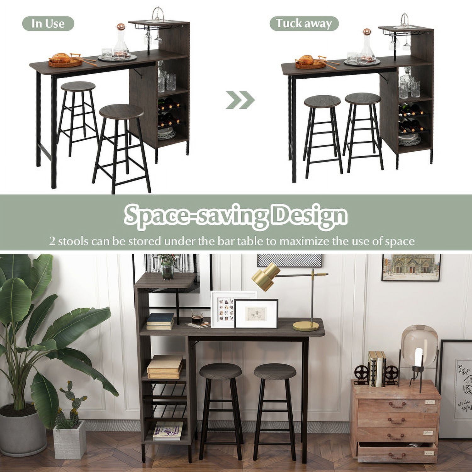 Finihen Dining Set, Dining Table Set, 3 Piece Bar Table and Chairs Set with 6-Bottle Wine Rack, for Home, Restaurant, Brown Finihen Dining Set, Dining Table Set, 3 Piece Bar Table and Chairs Set with 6-Bottle Wine Rack, for Home, Restaurant, Brown