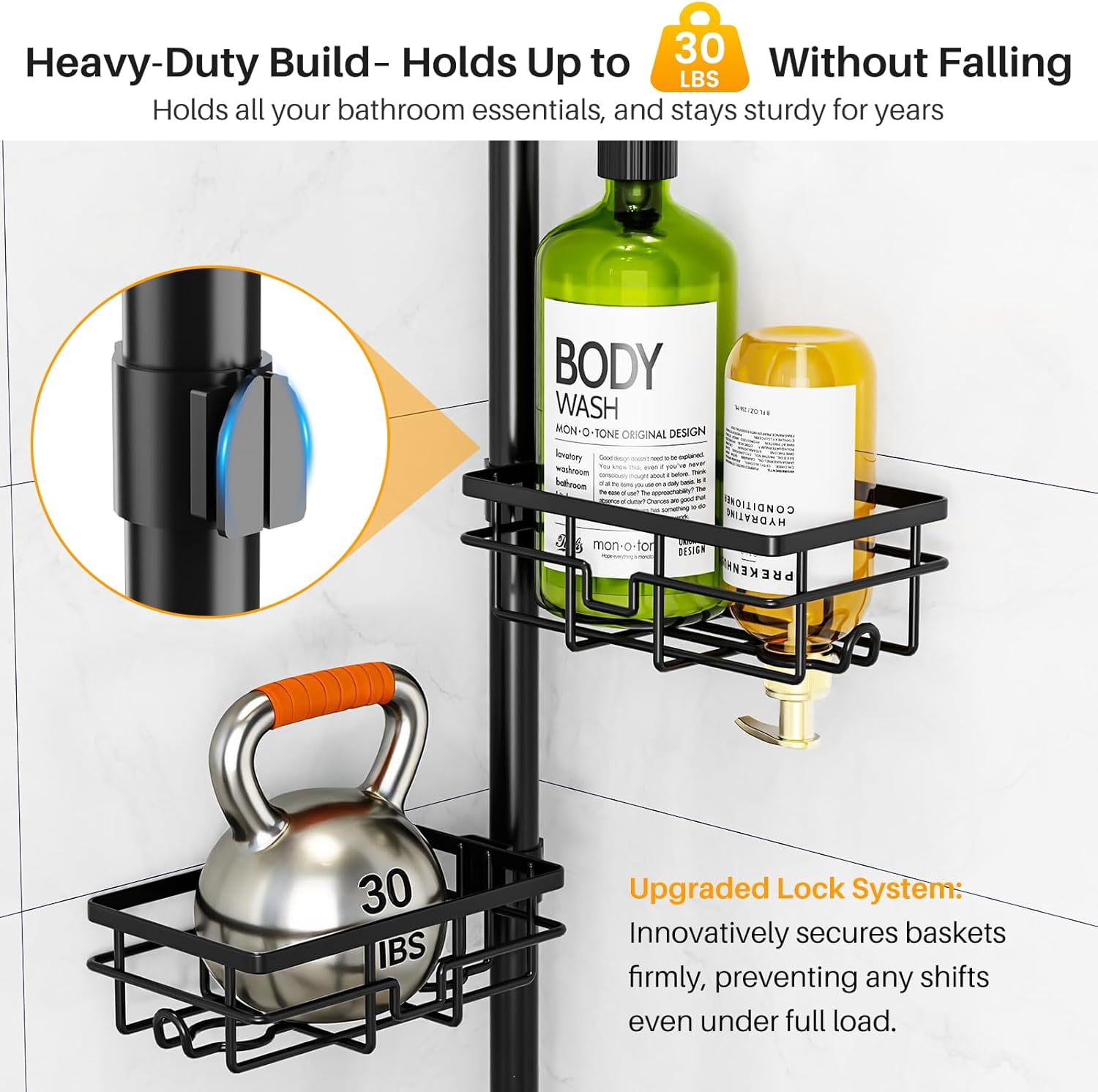 Corner Shower Caddy Organizer Tension Pole, Adjustable 6 Shower Shelves Corner Shelf 30-120Inch Rustproof Shower Rack for Inside Shower, Extra Towel Bar Soap Dish Bathroom Organizers and Storage