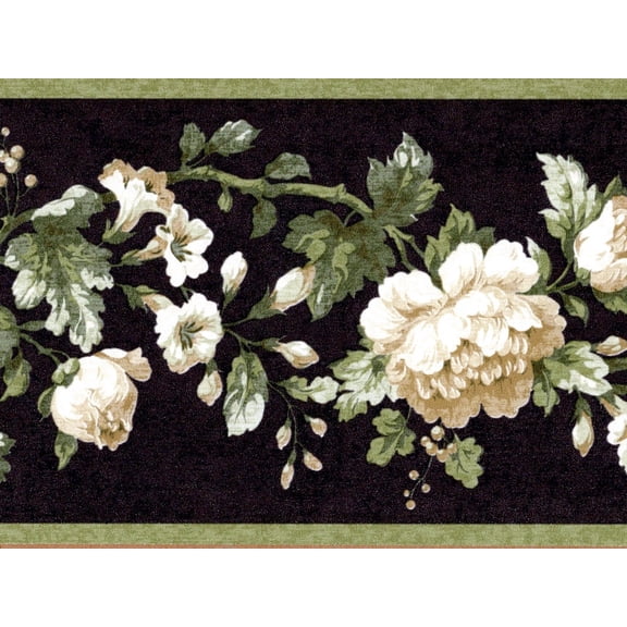 TRIMZ Flower Wallpaper Border ,Cream & White Cabbage Roses on Black, Cottage Living Room & Bedroom Decor, Pre-Pasted, 15 Ft x 4.2 in