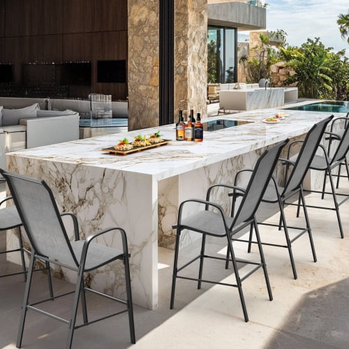 Ktaxon 2Pcs High Patio Outdoor Dining Chairs, Textilene Stackable Armrest Chairs Space Saving for Backyard Porch Garden - Silver Gray