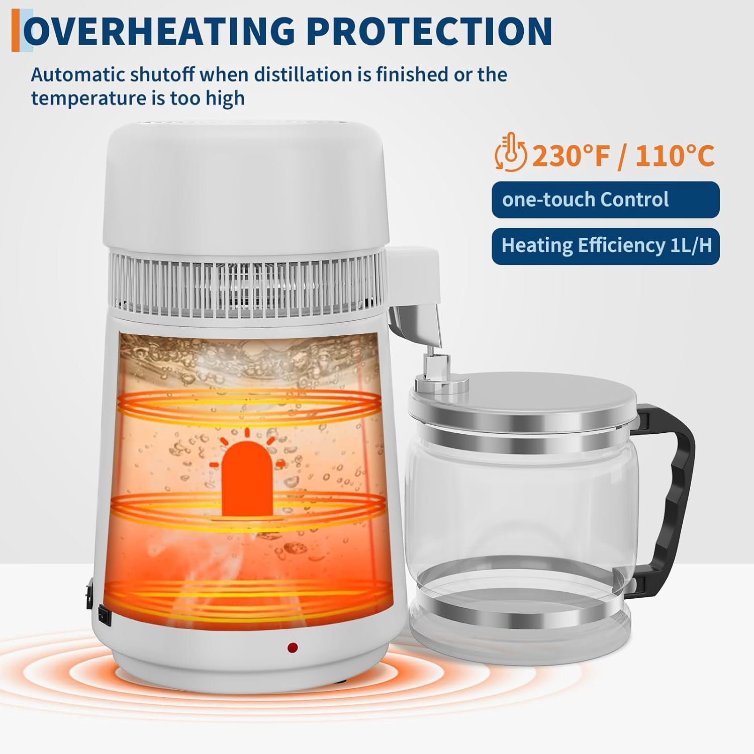 OUTGOODS Countertop Water Distiller 1Gal/4L-6L, 750W-900W, Stainless Steel, White Plastic/Glass