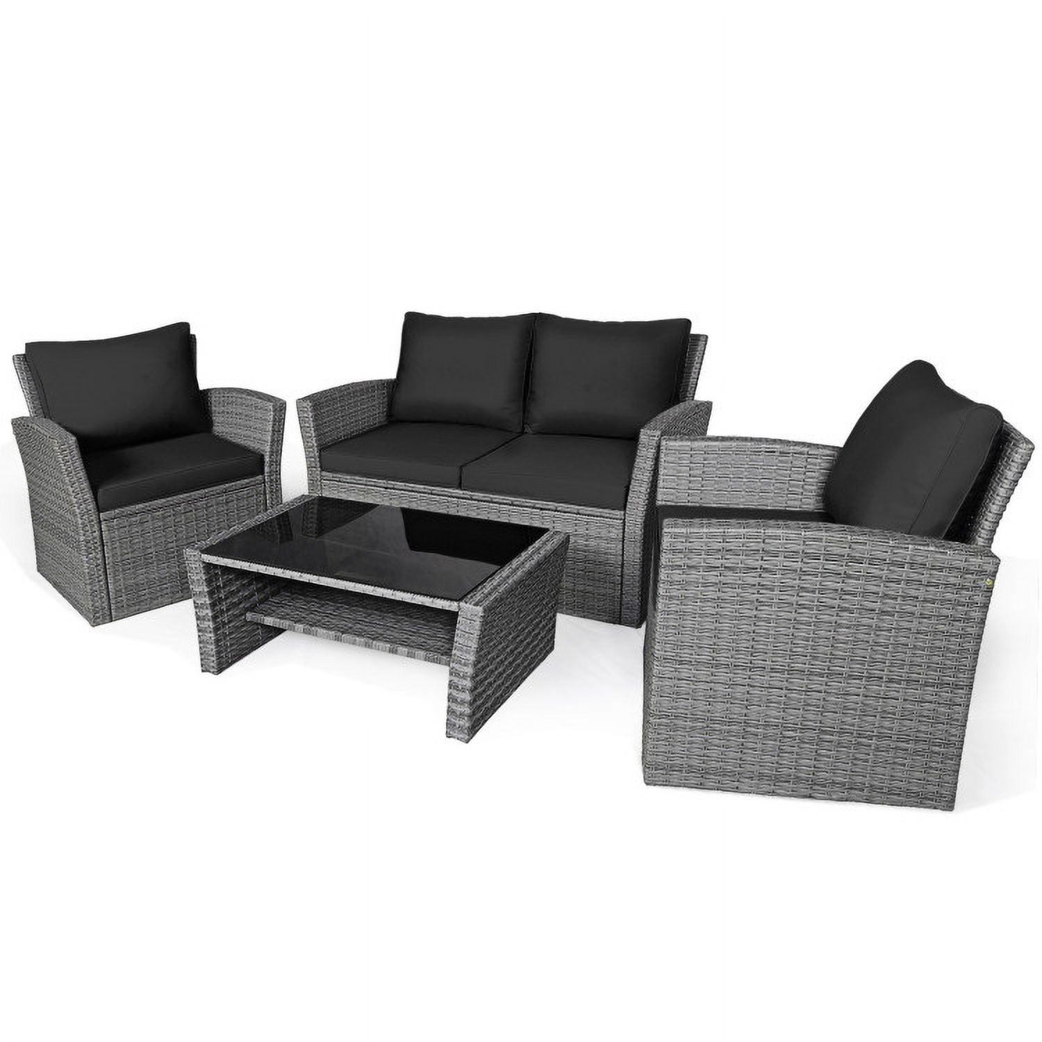 Aimee Lii 4 Pieces Wicker Patio Furniture Set Sofa Table with Storage Shelf Cushion, Modern Patio Furniture, Black Aimee Lii 4 Pieces Wicker Patio Furniture Set Sofa Table with Storage Shelf Cushion, Modern Patio Furniture, Black