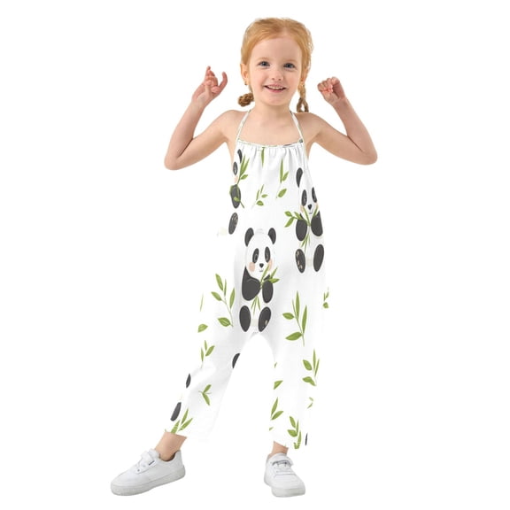 Girls' Jumpsuits Rompers Summer Casual Sleeveless Rompers With Pockets Spaghetti Strap Romper Panda Eating Bamboo 1T