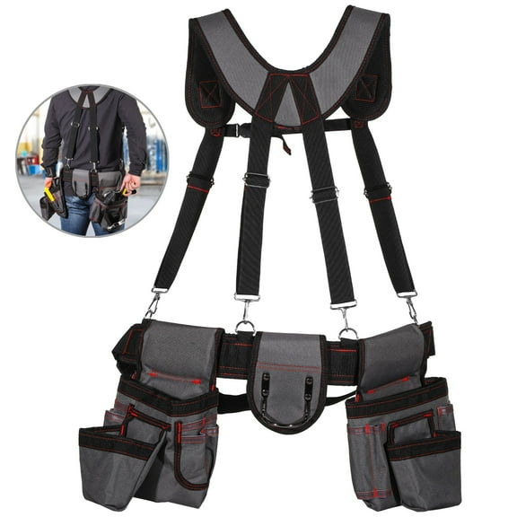 Tool Belt with Suspenders, Heavy Duty Work Belt for Men, Oxford Cloth Tool Pouch, Tool Bag with Adjustable Shoulder Straps, Ample Storage Pockets, Ideal for Electricians