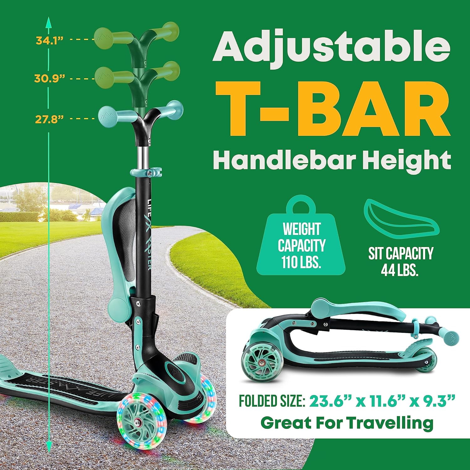 Kids Scooter – Foldable Seat – LED Wheel Lights Illuminate When Rolling – Children and Toddler 3 Wheel Kick Scooter – Adjustable Handlebar – Indoor and Outdoor- Teal - by Lifemaster