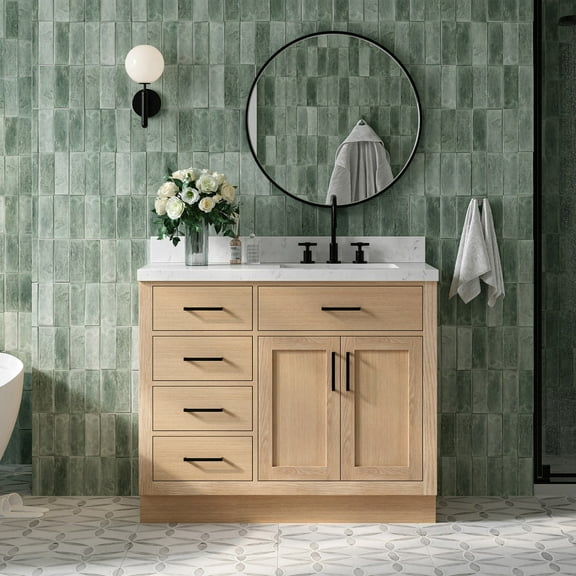 ARIEL Hepburn 42" Inch Oak Single Bathroom Vanity with Sink, Carrara White Quartz Countertop 1.5 inch Edge and backsplash, Soft Closing Door and Drawer, Matte Black