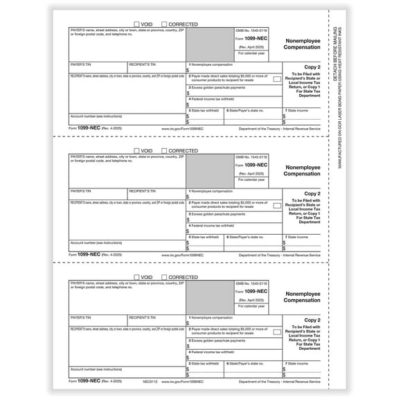 ComplyRight 2025 1099-NEC Tax Form 1-Part 3-Up Payer Copy C 50/Pack (NEC511250)