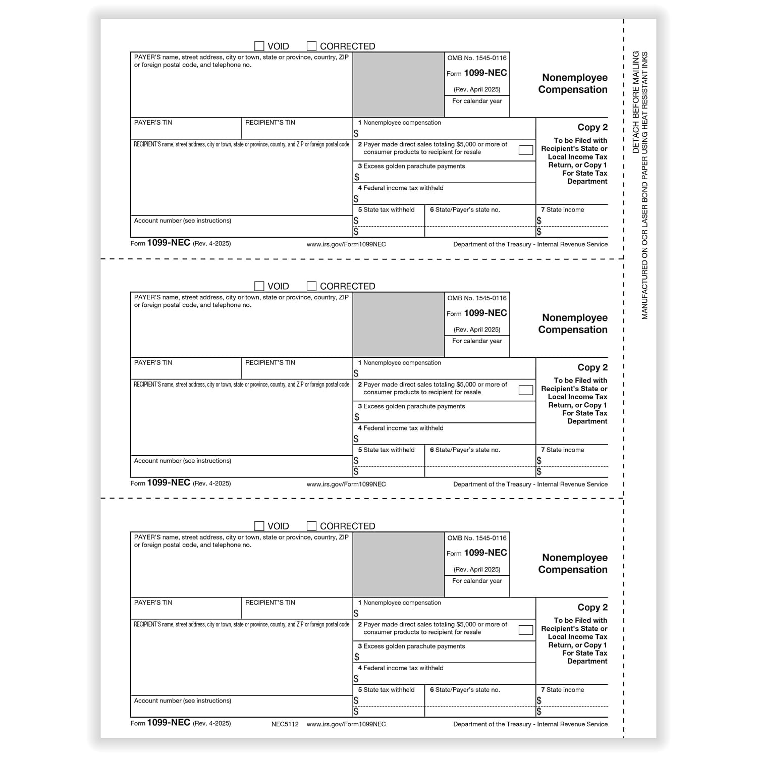 ComplyRight 2025 1099-NEC Tax Form 1-Part 3-Up Payer Copy C 50/Pack (NEC511250)