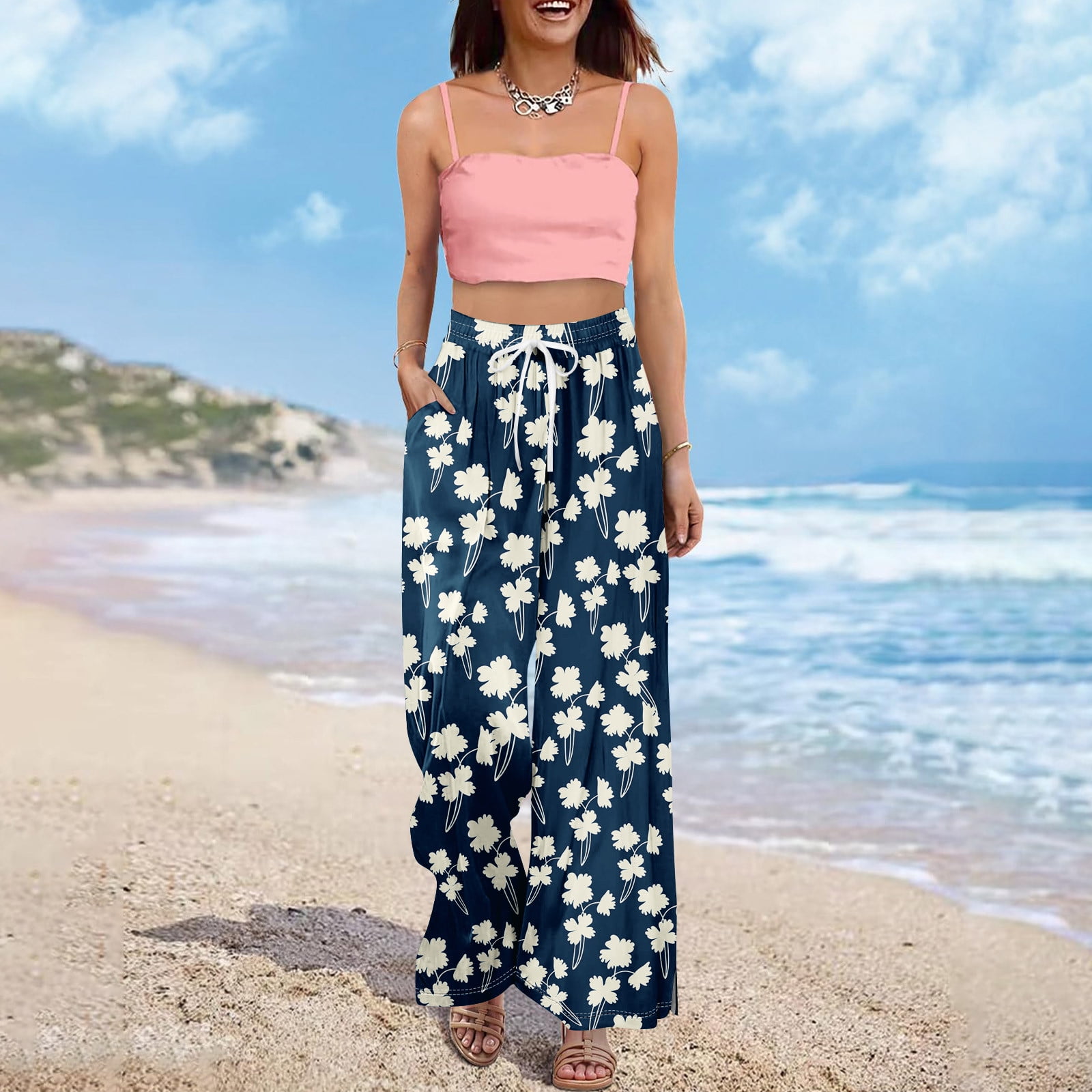 WTOBBY Women's Summer Floral Print Wide Leg Palazzo Pants